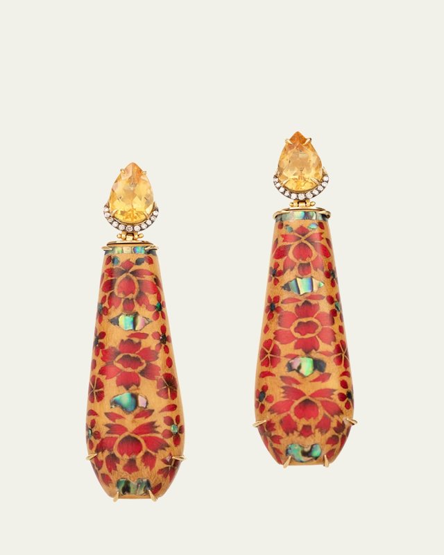 Floral Marquetry Teardrop Earrings with Diamonds and Citrine